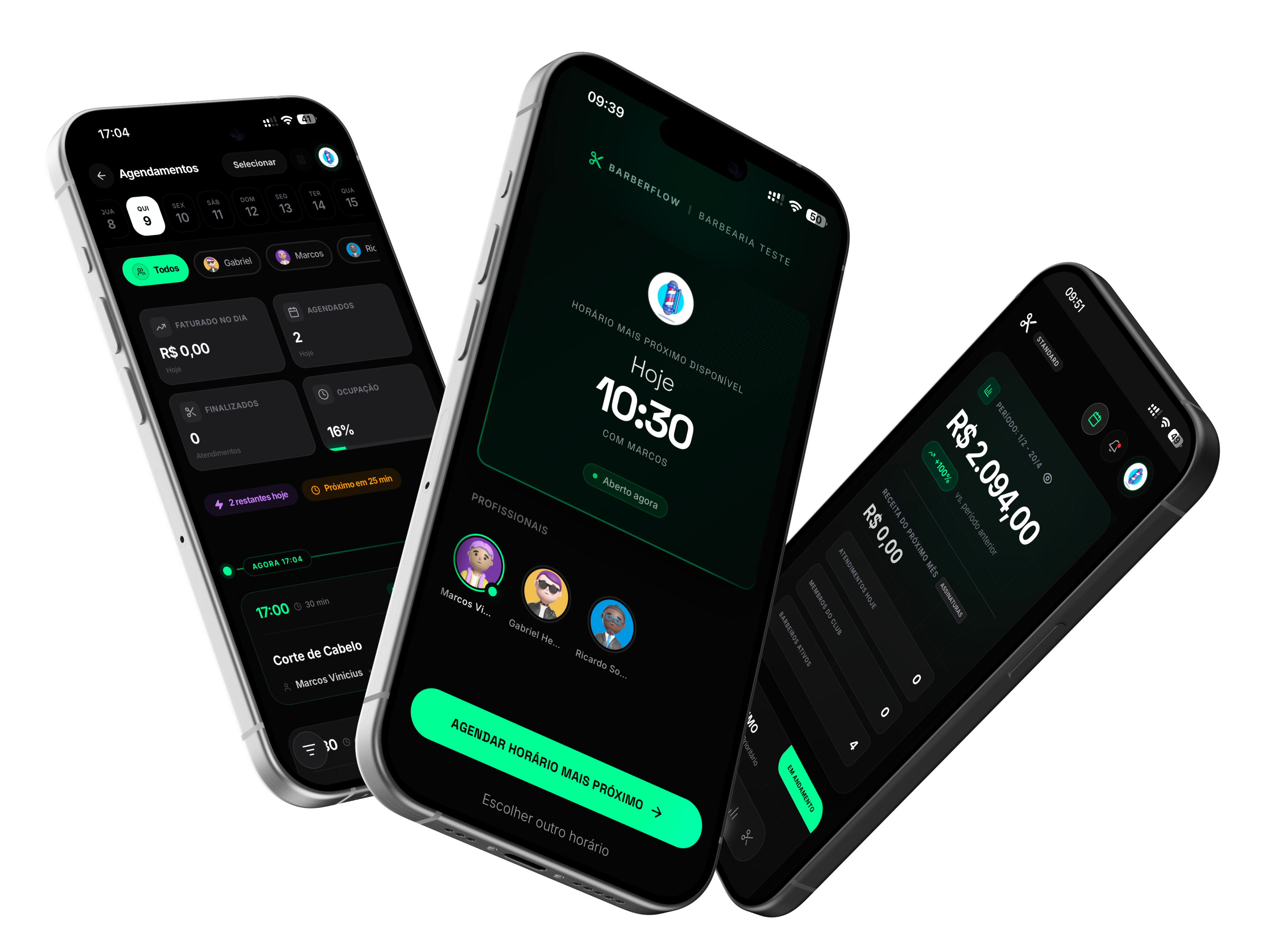 BarberFlow app mockup mostrando telas de agendamento e pagamento